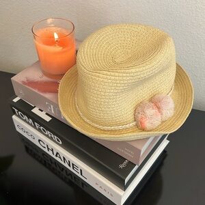 Carter's Tan Straw Paper Summer Baby Girl Hat with Pink Pom Poms 12-24m